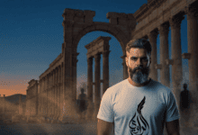 الراوي باتل يقف أمام أعمدة مدينة تدمر الأثرية عند الغروب