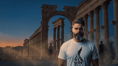 الراوي باتل يقف أمام أعمدة مدينة تدمر الأثرية عند الغروب