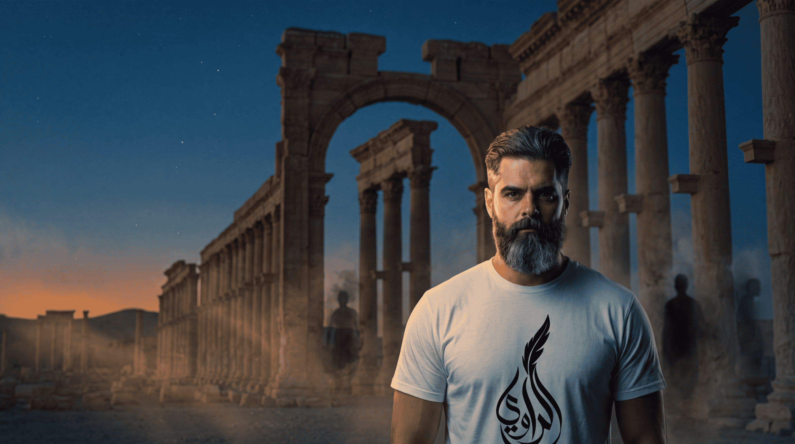 الراوي باتل يقف أمام أعمدة مدينة تدمر الأثرية عند الغروب